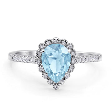 Teardrop Pear Vintage Style Halo Engagement Ring Simulated Aquamarine 925 Sterling Silver Wholesale